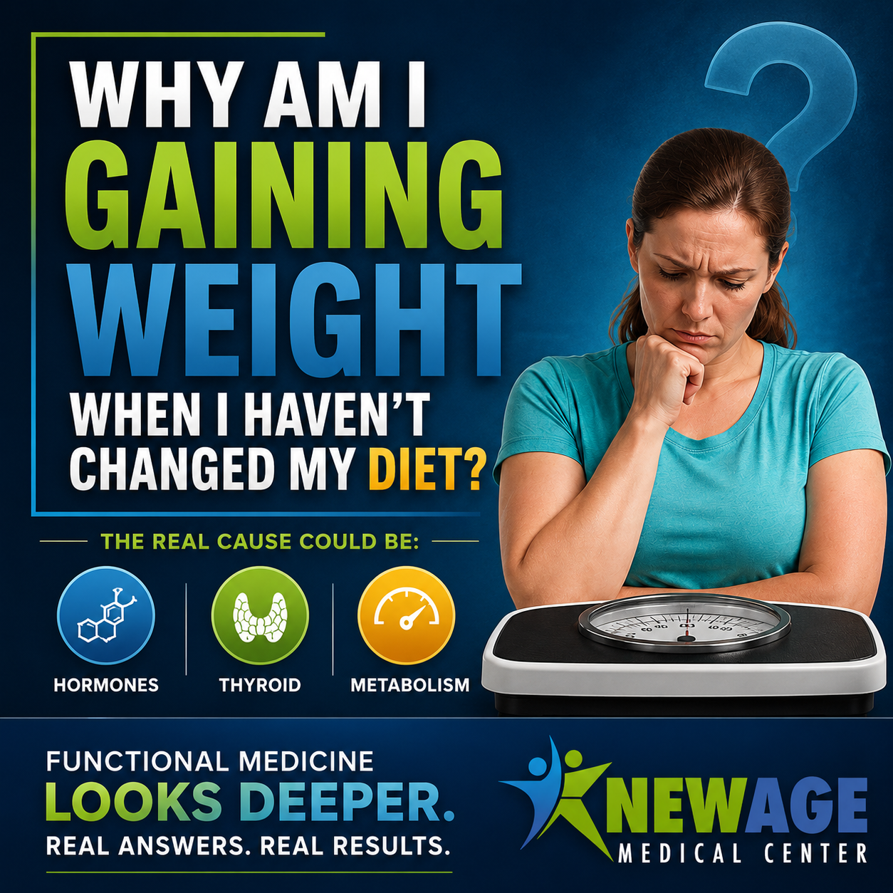 Why am I gaining weight without changing my diet? Functional medicine evaluates hormones, thyroid function and metabolism.